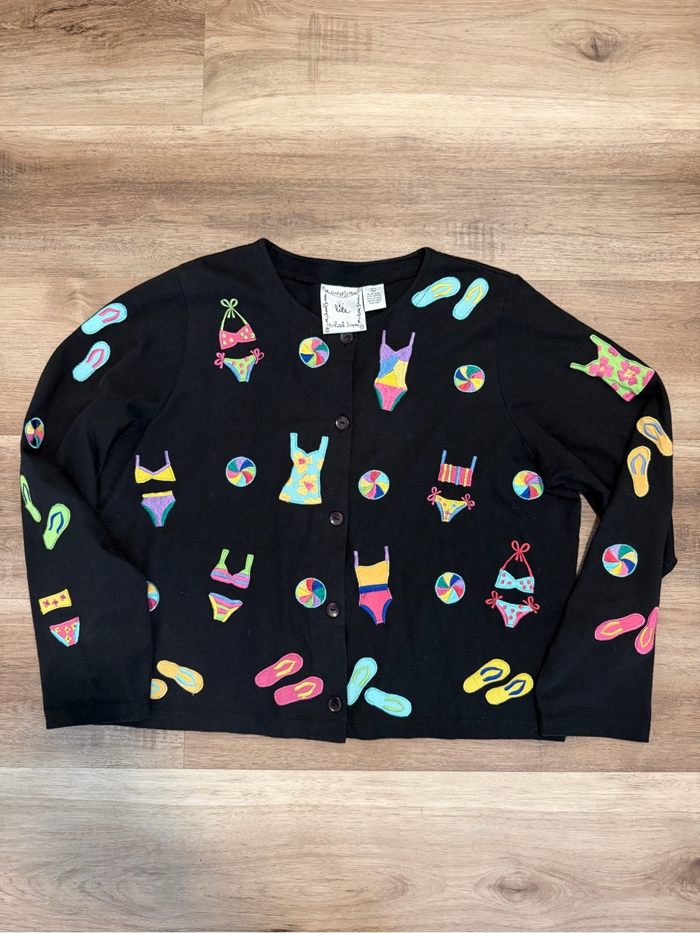 Michael Simon Cardigan Lite Top Sweater LARGE Beach Theme Black Embriodered